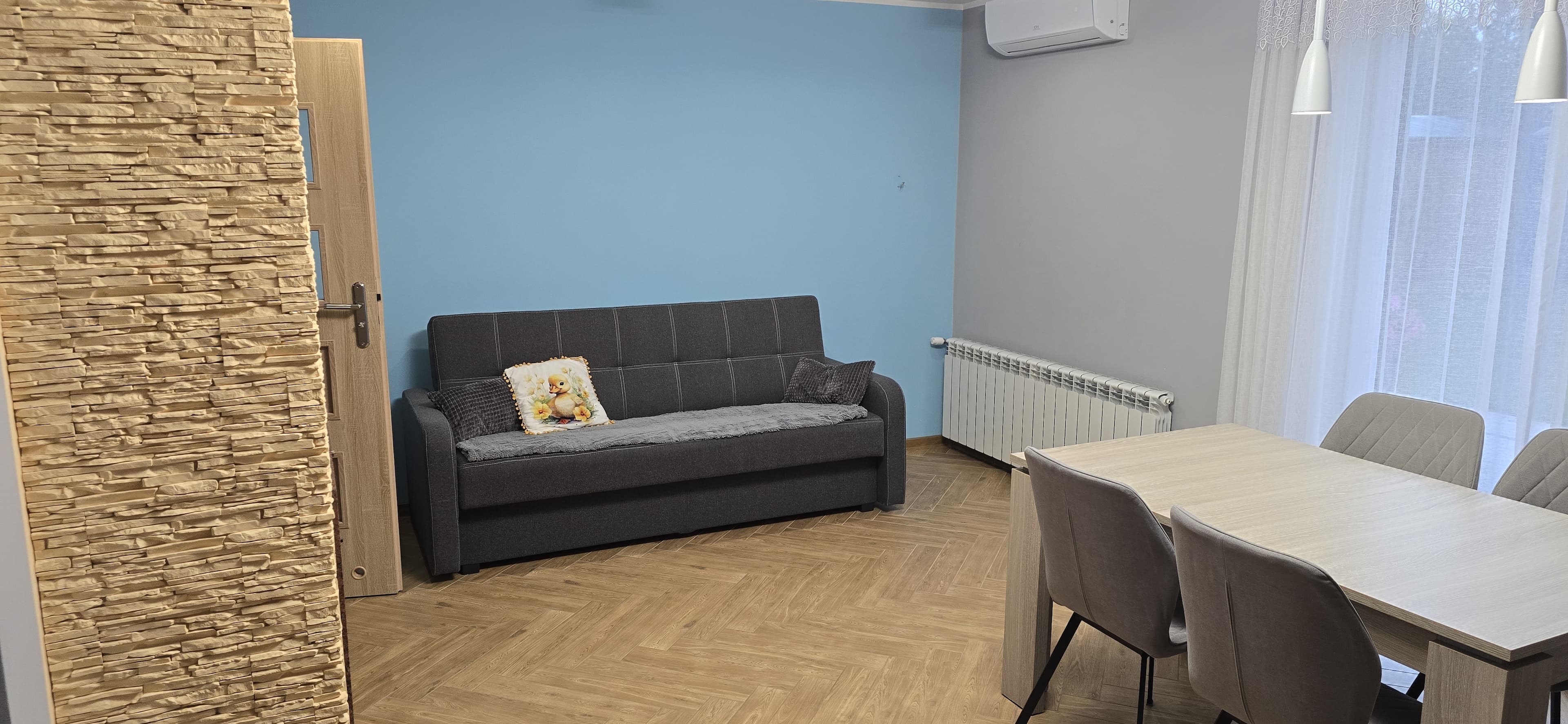 Widok na kanapę, oraz stolik w salonie